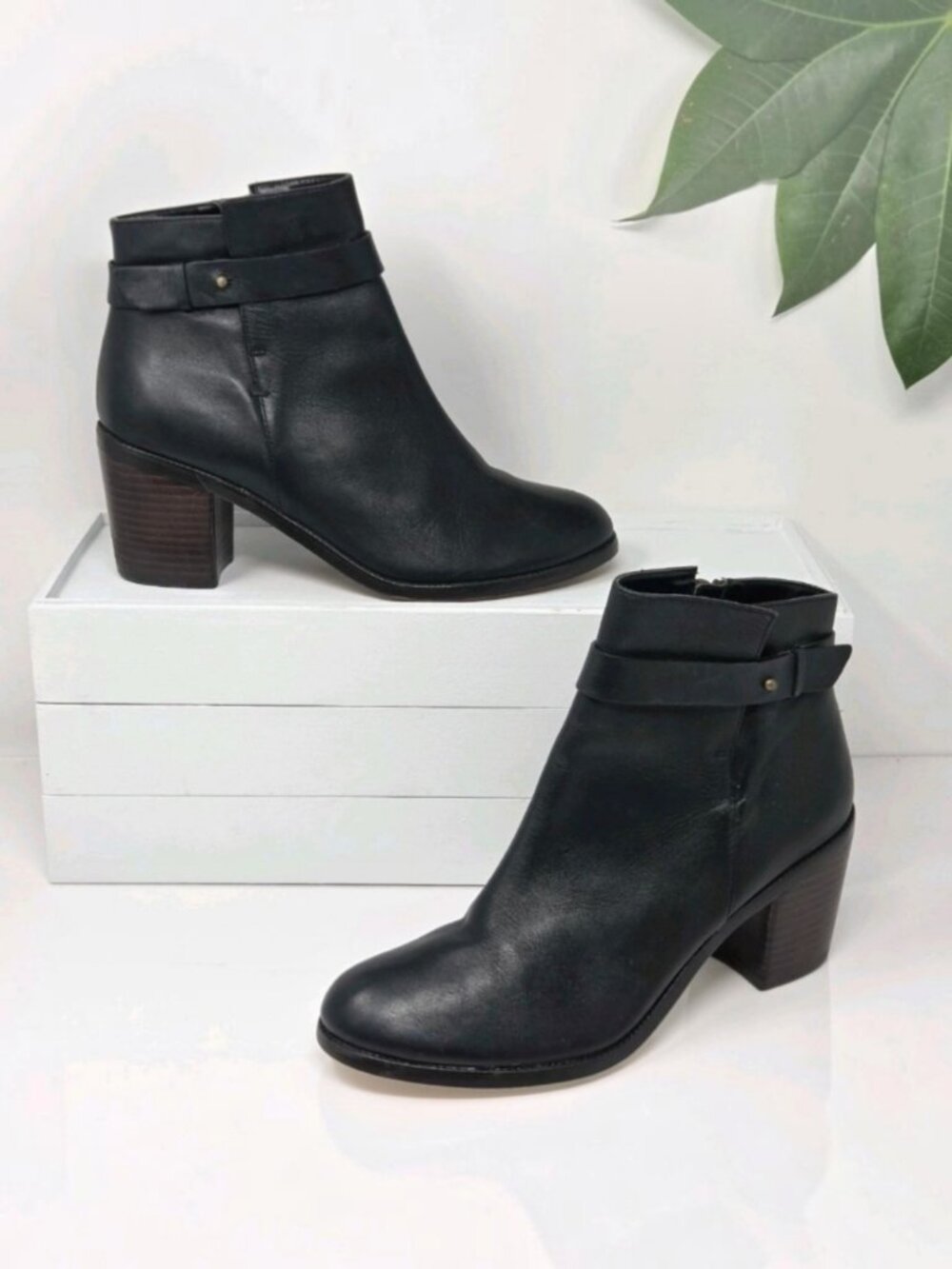 Halogen Womens 8.5 Black Leather Ankle Boots Block Heel Buckle Strap Booties